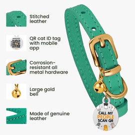 BRONZEDOG Leather Cat Collar with Bell, Non-Tearable, QR Tag for Girls and Boys (Turquoise and Gold, 18-23 cm)