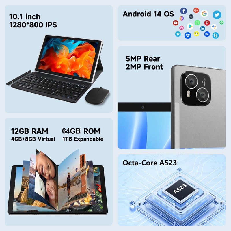ITMEIPC Tablet, Android 14 Tablet with 12GB (4+8) RAM 64GB