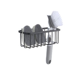 SunnyPoint NeverRust Deluxe Kitchen & Bathroom Sink Sponge Holder Organizer with Adhesive Mount - Additional Suction Cup Included – Sponge & Brush NOT Included – 7.4 x 3.3 x 2.75 Inch, BLK