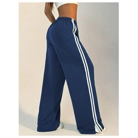 BEAUDRM Women's Y2K Baggy Sweatpants Wide Leg Track Pants Striped Low Rise Drawstring Pant Joggers Streetwear Dark Blue Large