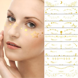 FloralGrace Pack of 10 Golden Glitter Tattoo Stickers for Freckles, Temporary Waterproof Face Tattoos with Star and Heart Design, Cute Glitter Make Up Accessories