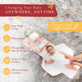 Premium Portable Diaper Changing Pad – CPC Certified Waterproof 2-in-1 Diaper Clutch & Changing Mat with Head Cushion – Bonus Insulated Bottle Bag – Travel Kit Gift for Baby Girls & Boys (Peach)