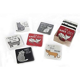 Cat Coasters, Wooden Coasters with Abstract Cats, Set of 6 Different Cat Images in a Holder, Square Wooden Coasters with Felt Pads from Homestreet®