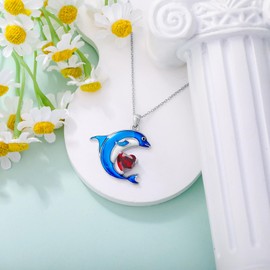 LONAGO Dolphin Necklace 925 Sterling Silver Blue Dolphin with Birthstone Pendant Necklace for Women, Sterling Silver