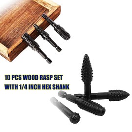 Wood Working Tools Cutting Carving Tools 10pcs Rotary Burr Wood Rasp Files Set for Woodworking with 1/4 Inch Hex Shank Wood Power Tools for Engraving Grinding Polishing