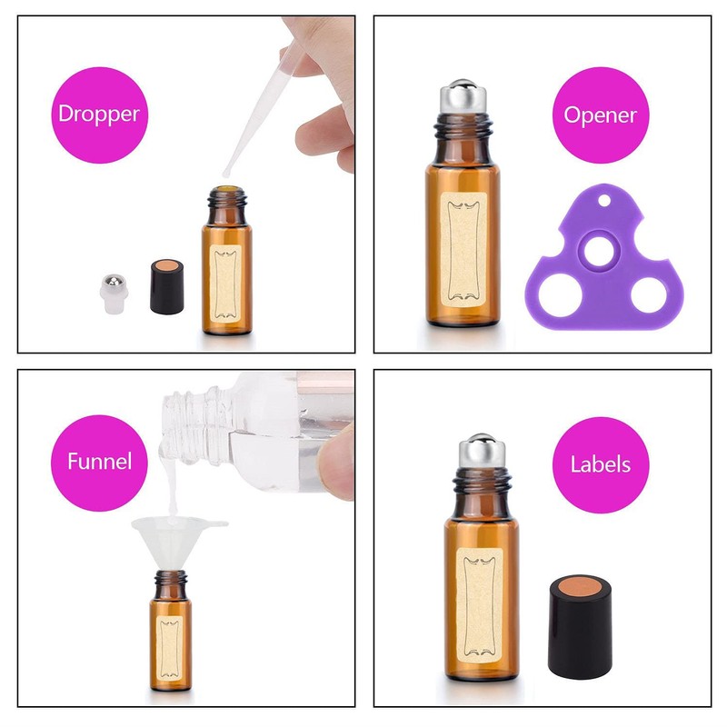 Easytle Essential Oil Roller Bottles, 24 Pack Amber Glass Balls