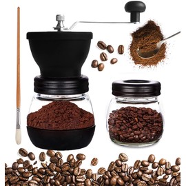 Mixpresso Manual Coffee Grinder, Spice Grinder Manual, Glass Jars, Ceramic Burr, Adjustable Grind, Easy to Clean, Portable Compact Design, 3 Piece Set, Stainless Steel