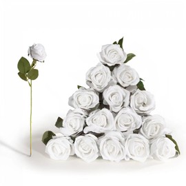 Himutain 16pcs Fake Roses, 21'' White Roses Realistic Artificial Roses Silk Flowers for Decoration & Wedding & Mother's Day & Valentine's Day Gifts