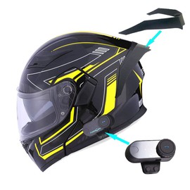 1Storm Motorcycle Modular Full Face Flip up Dual Visor Helmet + Spoiler + Motorcycle Bluetooth Headset: HB89 Arrow Yellow