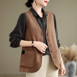 EDREES Women's Vest, Stylish, Summer Vest, Sleeveless, V-Neck, Casual, Gilet Vest, Top, Large Size, Linen Cotton, Waistcoat, Body Cover, Cardigan, Sleeveless, Front Opening, Jacket, Spring, Summer,