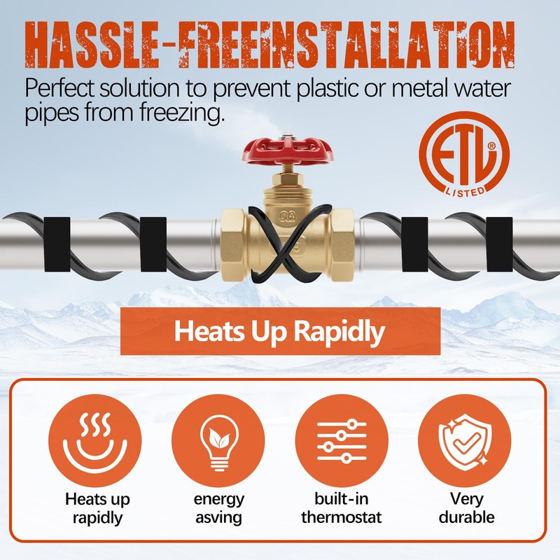 （3FT-200FT）Pipe Heating Cable for Pipe Freeze Protection, Heat Cable for