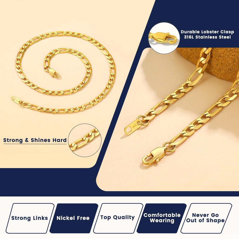 Men's Gold Figaro Chain 6MM 18 Inch Stainless Steel Chunky