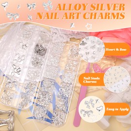 3D Silver Nail Charms for Nails Design, Alloy Planet Bow Crown Butterfly Heart Star Moon Y2K Metal Jewels Nail Charms and Gems for Nails Art and DIY Crafts Accessories