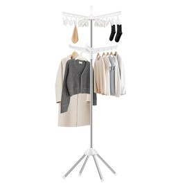 SUYU Clothes Drying Rack,Folding Clothes Drying Tree, 2 Layer with 24 Clips and 3 Rotatable Arms,59-Inch Indoor Clothes Rack,Stainless Steel,4 Legs,White and Silver SNJ102