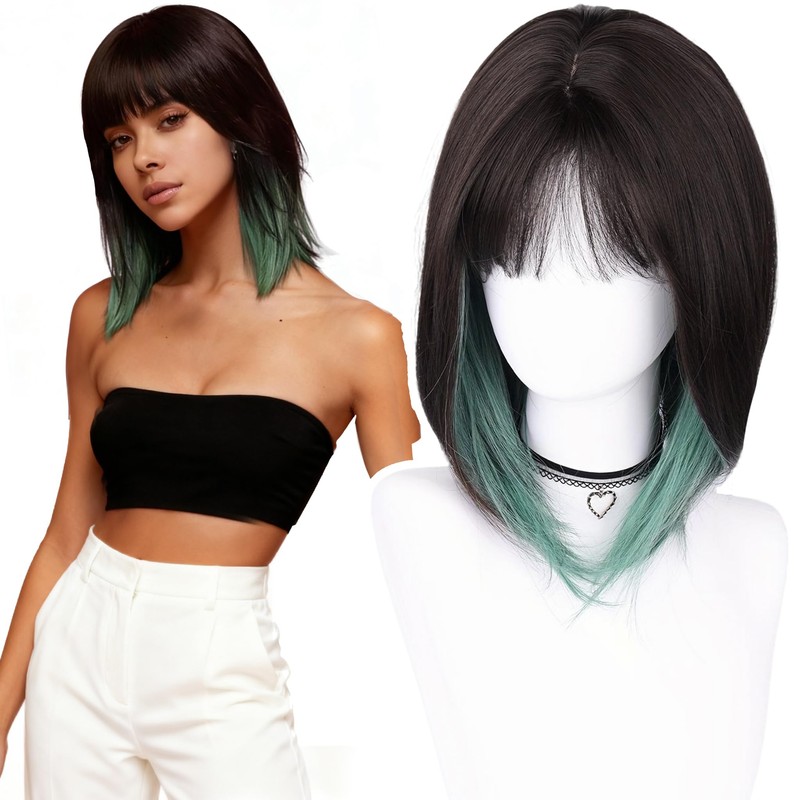 Pelucas Corta Mujer, Peluca con Fleco y Mechas, Cabello Sintético