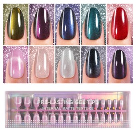 Plauva Cat Eye Press on Nails, 300Pcs Short Oval Cat Eye Nail Tips, Glossy Glitter Soft Gel Fake Nails for Women and Girls Stick On Nails in 15 Sizes