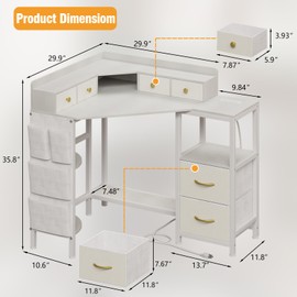 Corner Vanity Desk with Charging Station, Makeup Table with Drawers