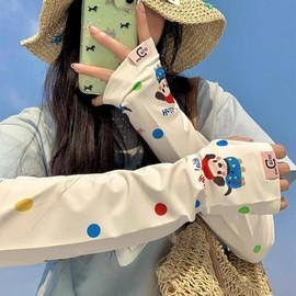 Women's Summer UV Protection Cooling Arm Sleeves with Gloves for Driving & Riding (Character Design) Free Size/[White Polka Dot Puppy]-Ice Silk 20ea