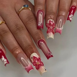 Long Press on Nails French Tip Fake Nails Square with 3D Flower Design Stick on Nails Glossy Pearl Acrylic Nails Full Cover Glue on Nails Red Artificial Nails for Women 24 Pcs