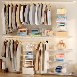 3-Tier Hanging Closet Organizer with 5 S Hooks, Closet Shelves for Clothes, Shoes, Handbags, Accessories, Hanging Basket, Closet Storage, Closet System, Closet Organizers and Storage