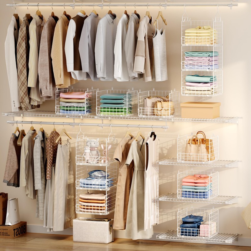 3-Tier Hanging Closet Organizer with 5 S Hooks, Closet Shelves