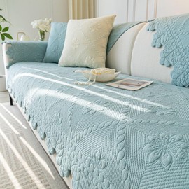 vctops Farmhouse 100% Cotton Quilted Couch Cover Floral Embroidered Sofa Cover Non-Slip Soft Sofa Slipcover Washable Furniture Protector (Blue,28"x82")