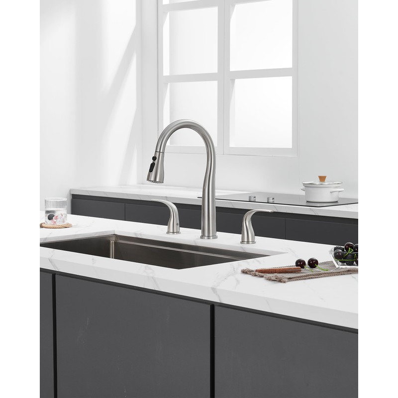 TIORIY 3 Hole Kitchen Faucet with Pull Down Sprayer, Brushed