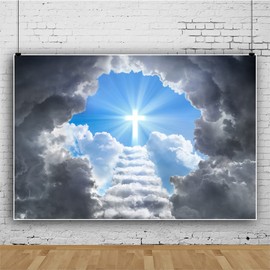 Renaiss 7x5ft Stairway to Heaven Backdrop Holy Light Cross Clouds Paradise Stairs Background Staircase to Heaven Christian Activity Decor Church Photo Booth Props Memorial Banner Funeral Wallpaper