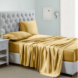 Lanest Housing Silk Satin Sheets, 3-Piece Twin XL Size Satin Bed Sheet Set with Deep Pockets, Cooling and Soft Satin Sheets Twin XL - Yellow