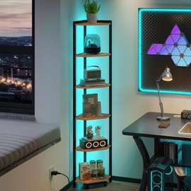 Hzuaneri Corner Shelf with LED Light, 6-Tier Corner Bookshelf, Tall Narrow Display Bookcase with Metal Frame, Standing Shelf for Small Space, Living Room, Home Office, Bedroom, Rustic Brown CS66601B