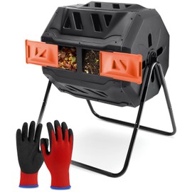 PLASTIC PRINCE 43 Gallon Garden Compost Bin Outdoor Dual Chamber Compost Tumbler Rotating Backyard Composter Tumbling Barrel Mixer Outside, Large, Orange
