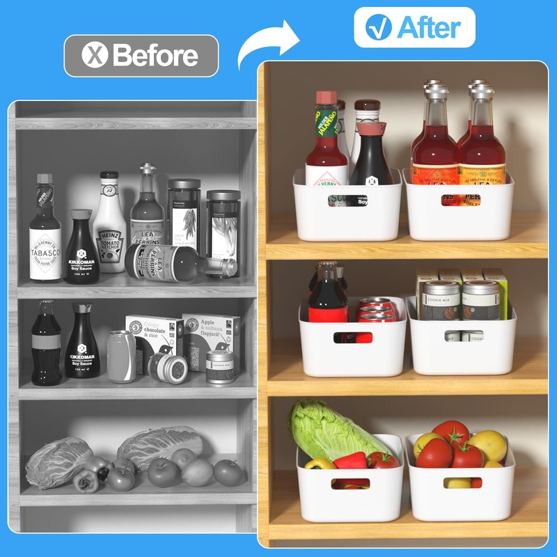 Tyminin 6 Pack White Pantry Organizer Bins, Plastic Containers with