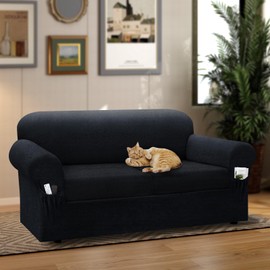 Pfrstuv Sofa Slipcover with Armrest Pockets 3-Piece Set, Stretch Faux Leather Couch Cover for 2-Cushion Couches(Fits 72-92") - Non-Slip, Machine Washable, Pet & Kid Friendly - Dark Gray