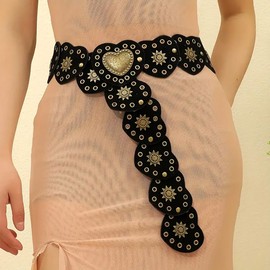 Liutufy Wide Disc Belt for Women Vintage Hollow Boho Leather Belt Western Chunky Waist Belt Cowboy Metal Buckle Concho Belts (Heart Black A-L)