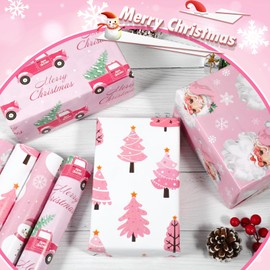 DPKOW Pink Christmas Wrapping Paper, 12 Sheets Recyclable Wrapping Paper Sheets Christmas Xmas Gift Wrapping Supplies, Christmas Birthday Gift Wrapping Paper Christmas Tree Santa Snowman Craft Paper