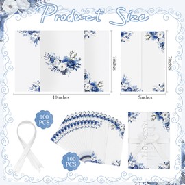 MotiMind 100 Pcs Dusty Blue Flowers Pre Folded Vellum Jackets for 5x7 Invitations 130gsm Transparent Envelope Liners Bulk Vellum Paper 5x7 with Ribbons Wedding Invitations Wraps for Wedding Cards