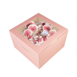 qiqee 10x10x5 Cake Box, 4 Sets Pink Cake Box with Window ＆ 4 Sets 10" Pink Cake Round Boards, 10inch Cake Containers