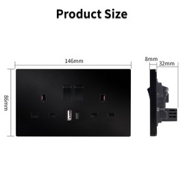 JIMEIDA Double Switched Power Socket 5 Pack Black 13 Amp with USB-A And Type-C Charging Ports PC Panel Wall Outlet Power Socket