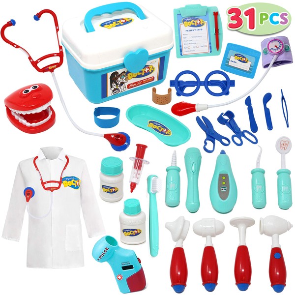 JOYIN Kids Doctor Kit 31 Pieces Pretend-n-Play Dentist Medical Kit with Electronic Stethoscope and Coat for Kids Holiday Gifts, School Classroom and Doctor Roleplay Costume Dress-Up.