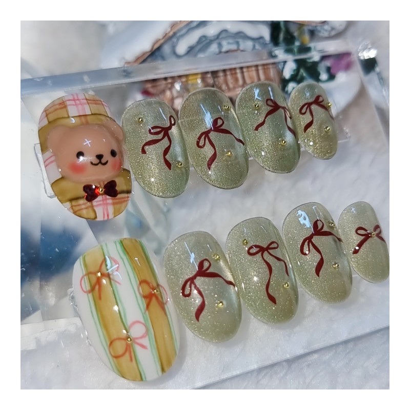 Century Bear and Burgundy Ribbon Handmade Nail Tips - Petit
