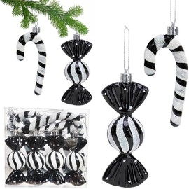 Pack of 12 Glitter Christmas Tree Candy Canes Black & White Christmas Decoration Christmas Baubles Candy Canes Decoration Christmas Tree Decoration Christmas Tree Decoration