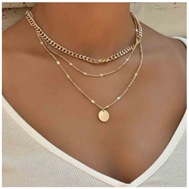 Yheakne Boho Layered Disc Necklace Choker Gold Coin Pendant Necklace Flat Curb Chain Necklace Vintage Multilayer Necklace Chain Jewelry for Women and Girls Gifts
