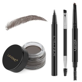LAVONE Eyebrow Stamp Pencil Kit for Eyebrows, Makeup Brow Stamp Trio Kit with Waterproof Eyebrow Pencil, Eyeliner, Eyebrow Pomade, and Dual-ended Eyebrow Brush - Ebony