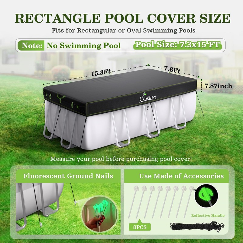 UIRWAY 7.3x15 FT Rectangular Pool Cover with Reflective Strips, Swimming