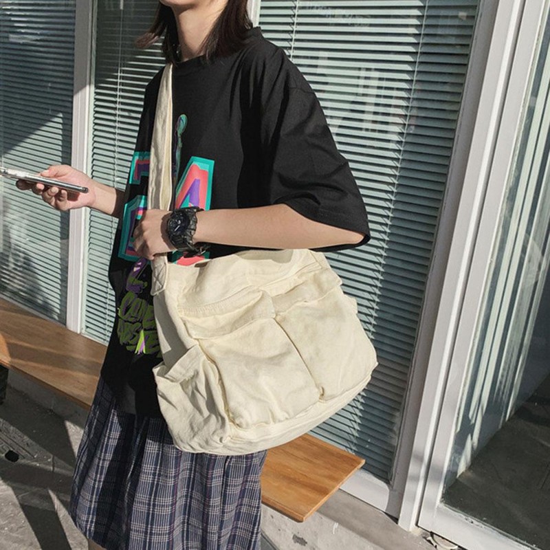 Canvas Messenger Bag Large Capacity Hobo Crossbody Bag with Multiple