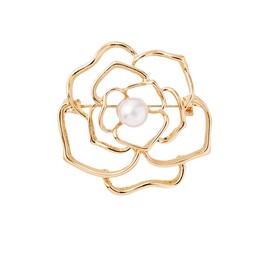 Fashion Elegant Flower Brooches Pins for Women Gold Silver Stainless Steel Rose Brooch Pin Dress Skirt Scarf Hat Pins Clothing Decoration Accessories (Gold Pearl)