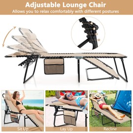 Giantex Patio Lounge Chairs for Outside - Set of 2 Folding Tanning Chair w/Headrest, 4 Adjustable Positions, Side Pocket, Outdoor Chaise Lounge for Camping, Pool, Sunbathing Beach Chair, Beige