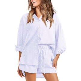 EXLURA Women's Summer 2 Piece Sets Long Sleeve Button Down Shirts Matching Short Sets Oversized Spring Vacation Outfits 2025