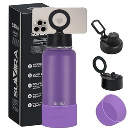 Suvira Stainless Steel Insulated Water Bottle & Magnetic Lid-Compatible with MagSafe,Tripod Phone Mount,&Phone Holder Travel Thermos, Sport,Yoga, Gym Keeps Hot for12 H,Cold 24H (Purple, 32 Ounces)