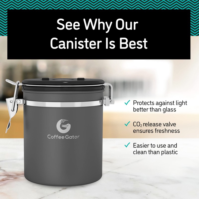 Coffee Gator Stainless Steel Coffee Canister - Keeps Ground Coffee
